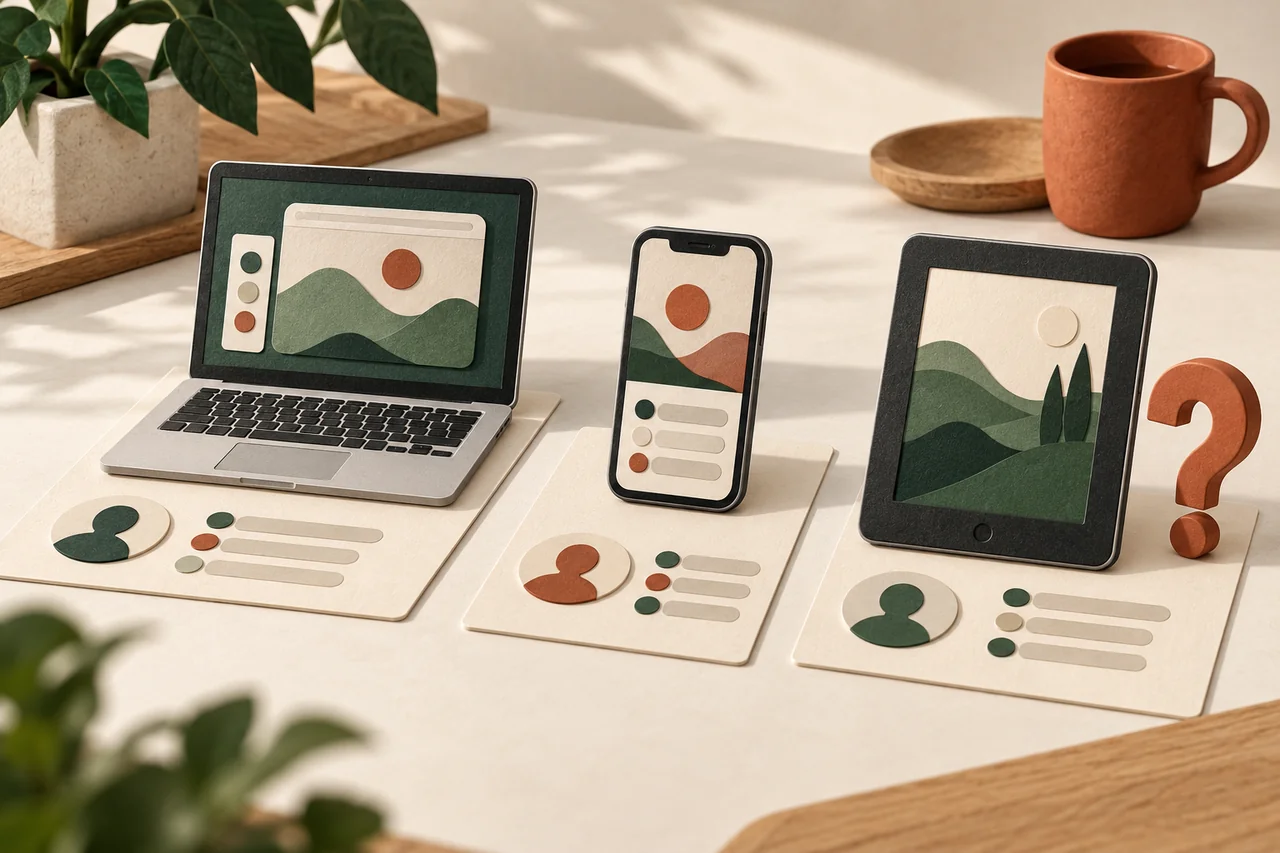 Laptop, phone and tablet on individual account cards with a question mark beside them.