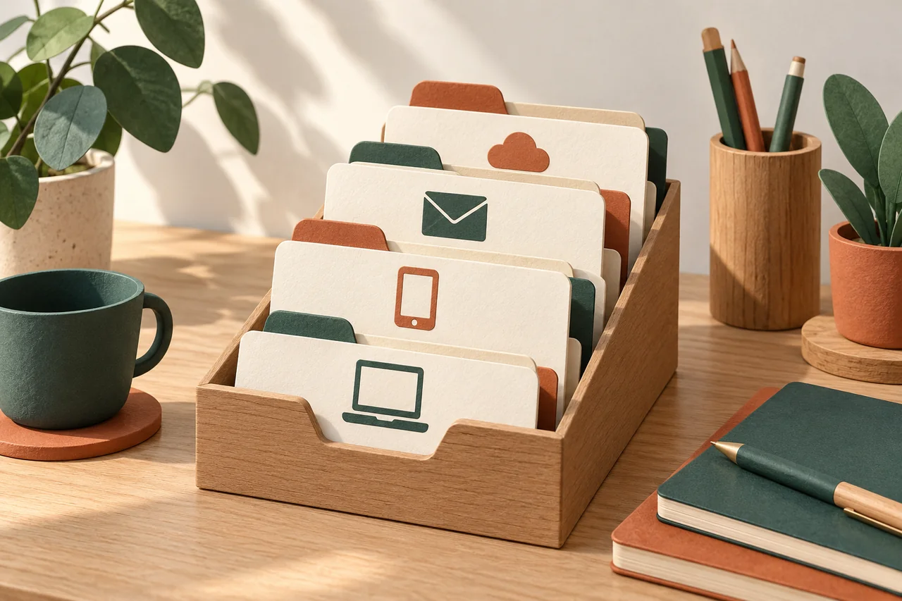 Index tray with cards for a computer, phone, email and cloud.