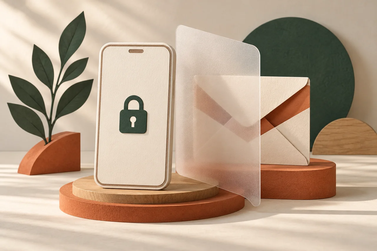 Phone with a lock symbol beside an envelope behind a privacy screen.