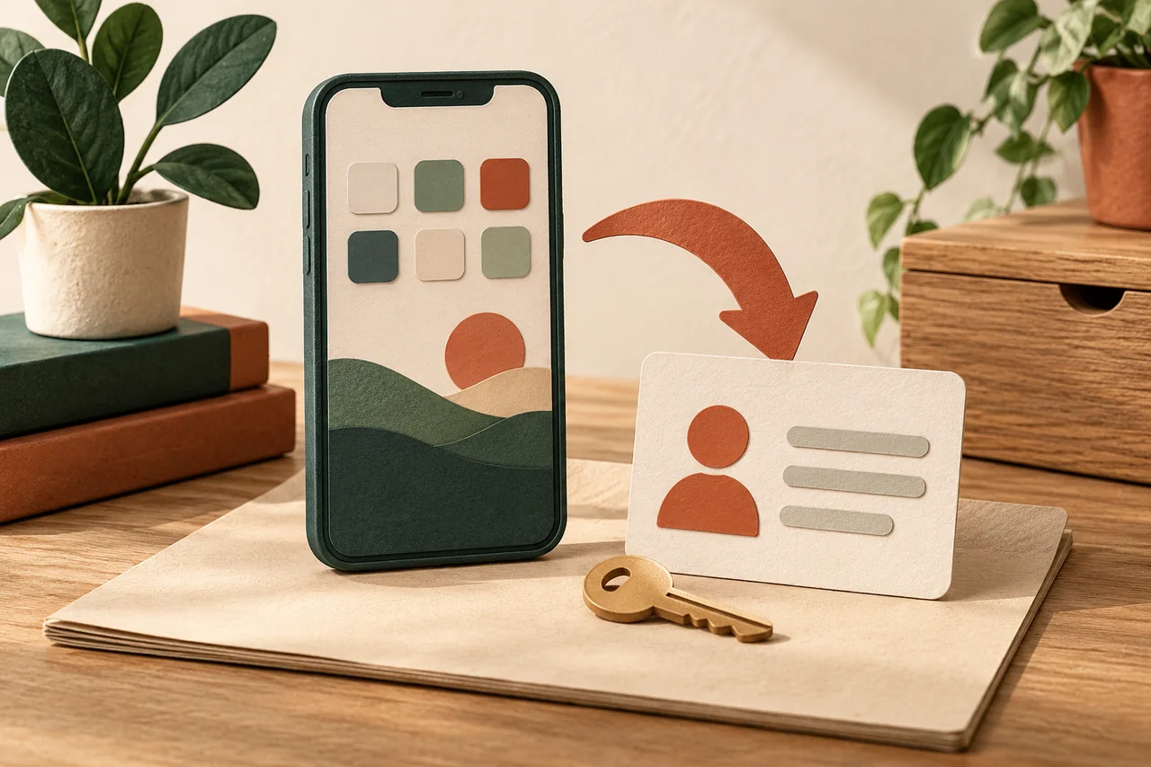 Smartphone accanto a una scheda contatto, una freccia e una chiave.