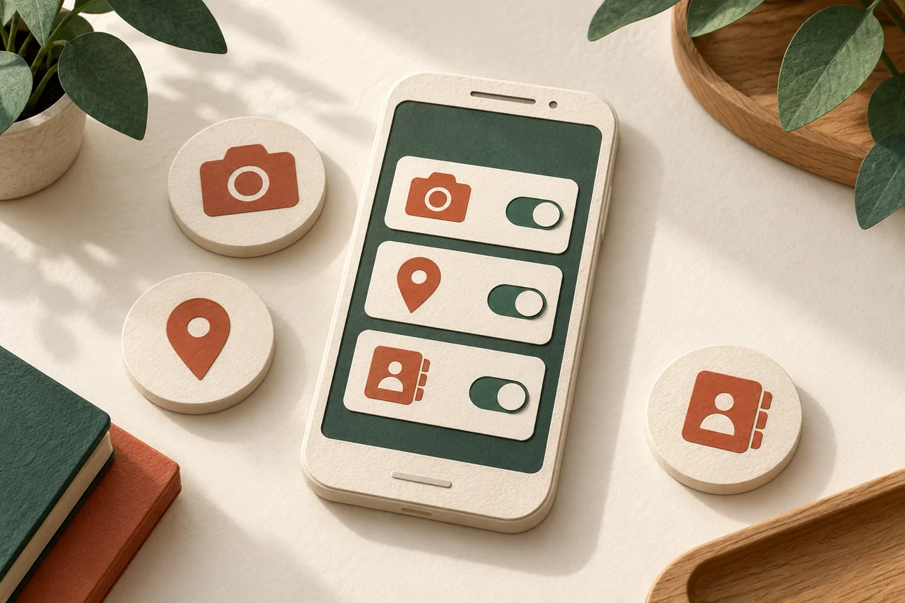 Smartphone con interruttori per fotocamera, posizione e contatti e i relativi simboli.