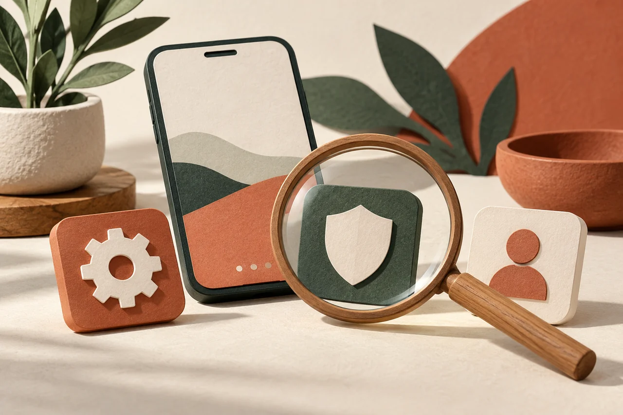 Smartphone e tre simboli di app, uno sotto una lente.