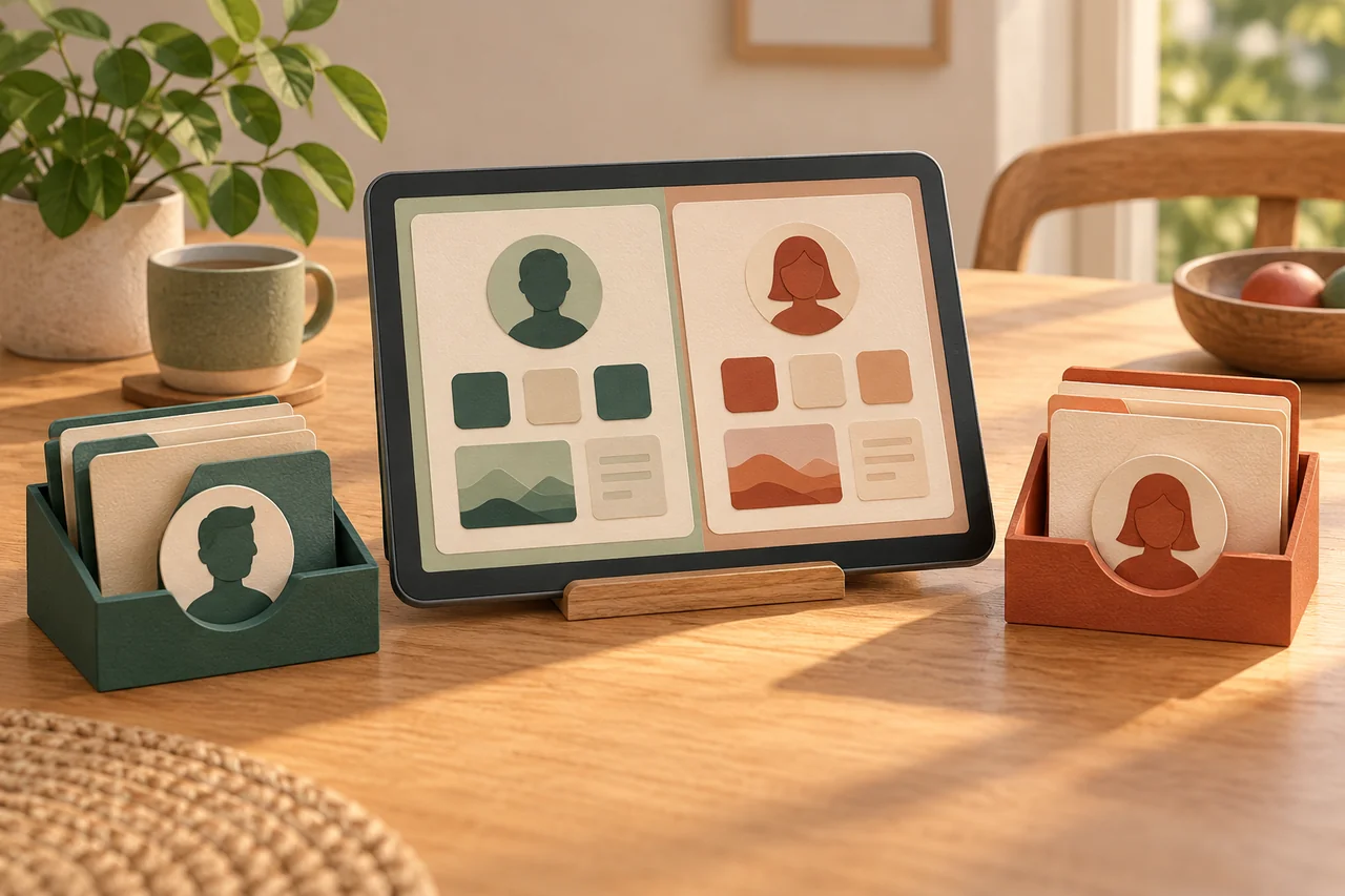 Tablet with two separate profile areas and individual card trays.