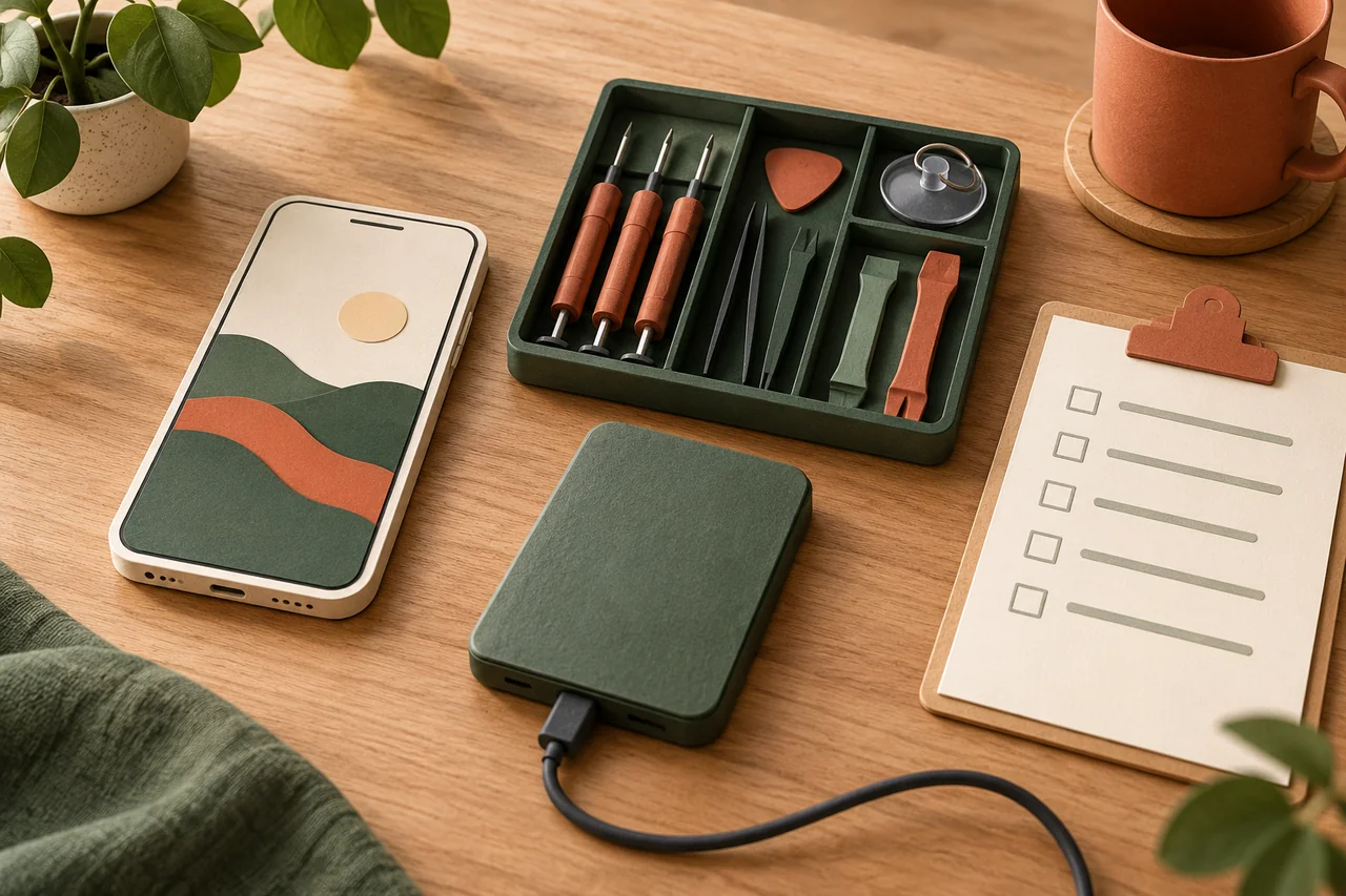 Smartphone beside repair tools, an external drive and a checklist.