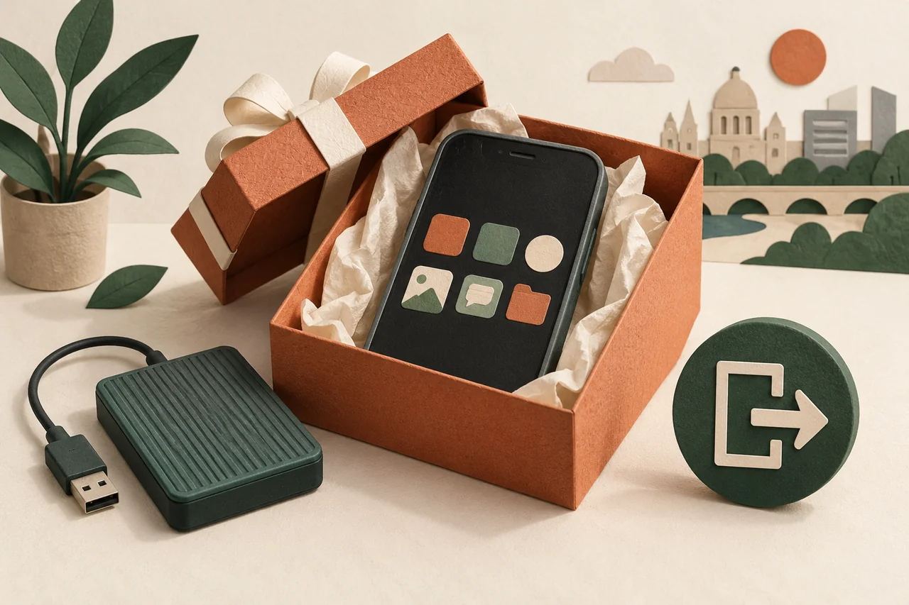 Phone in an open gift box beside a backup drive and sign-out symbol.
