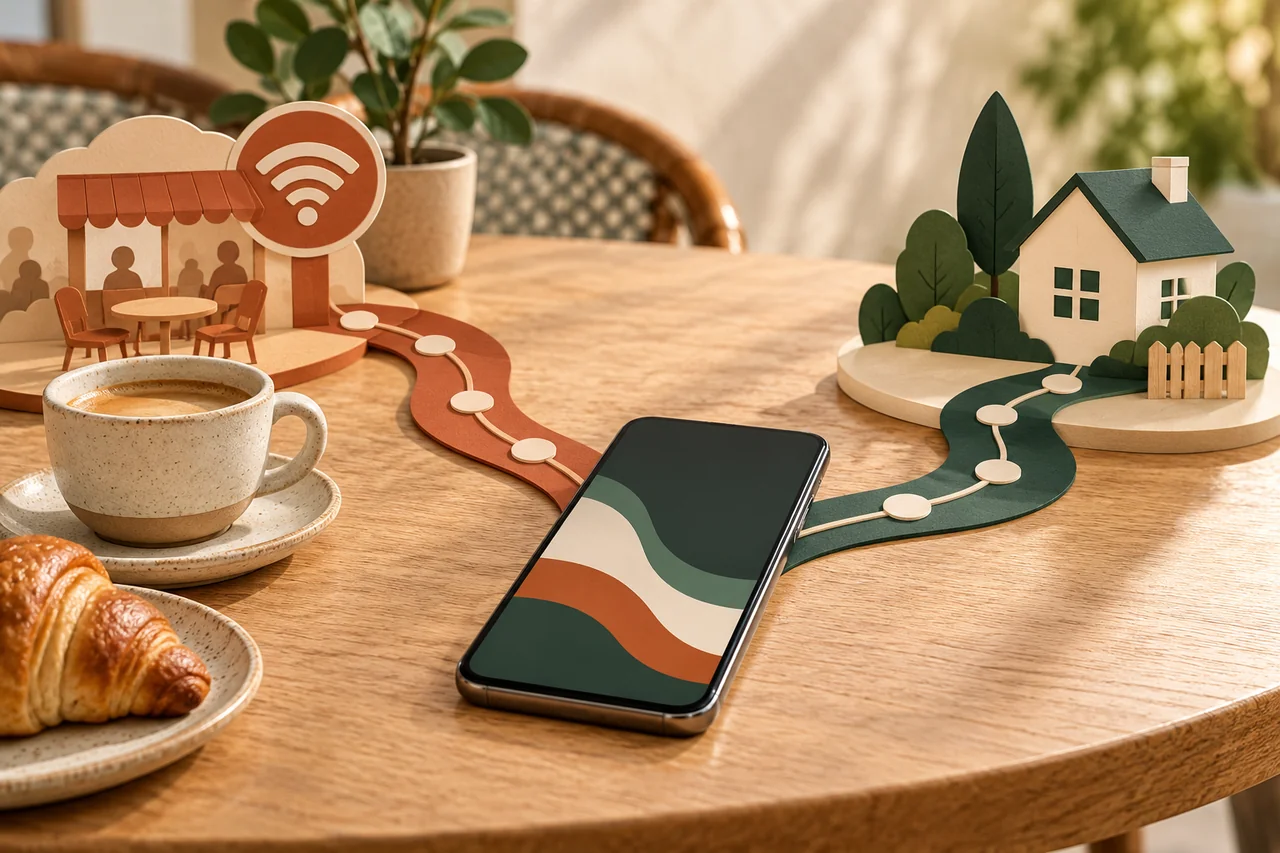 Phone on a café table with two paths to café and house symbols.