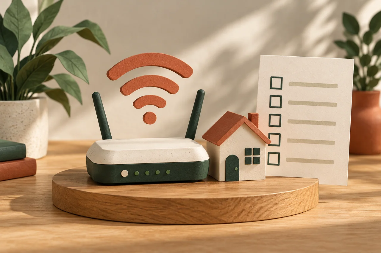 Router with a Wi-Fi symbol beside a model house and checklist.