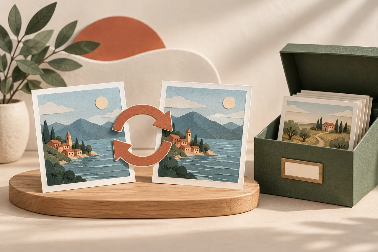 Due foto con frecce di sincronizzazione accanto a una scatola d’archivio separata.