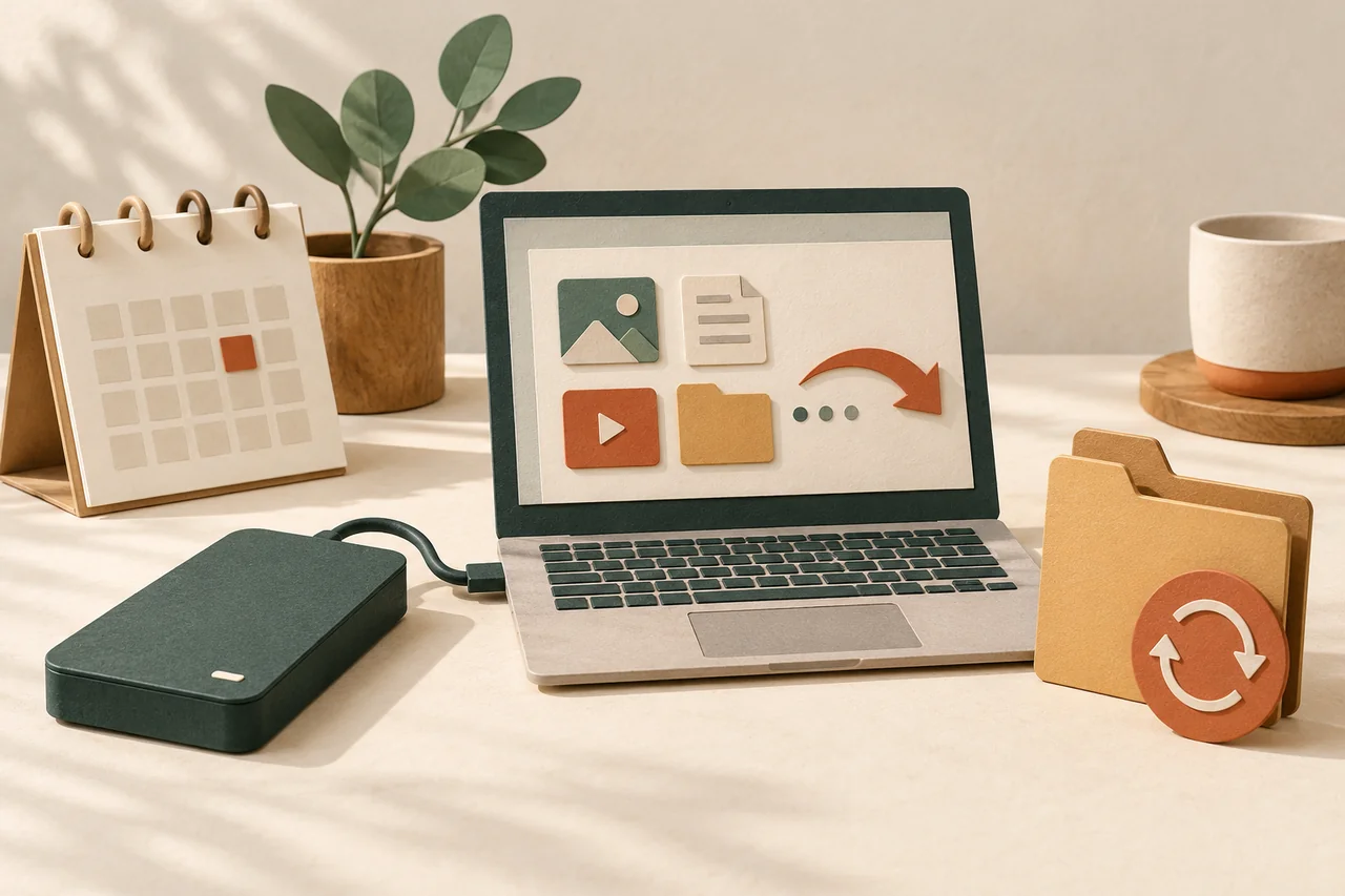 Portatile collegato a un disco esterno, con calendario e cartella di backup.