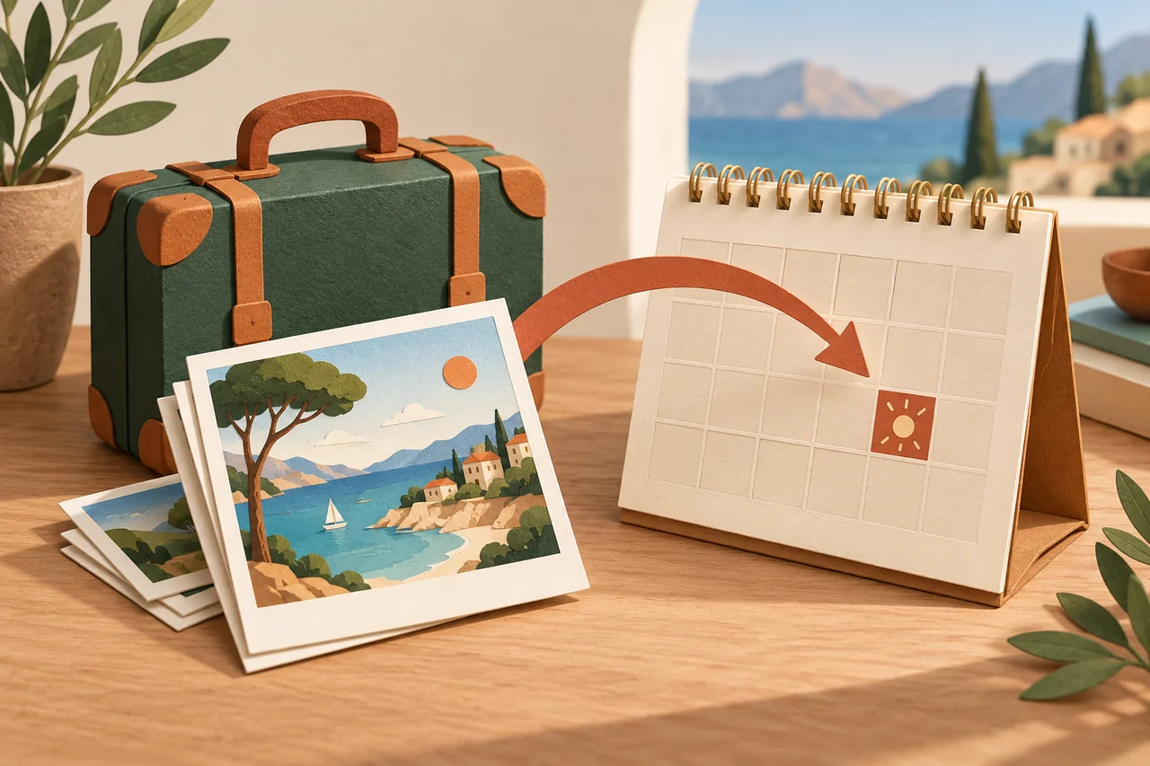Foto delle vacanze e valigia accanto a un calendario con freccia verso un giorno successivo.