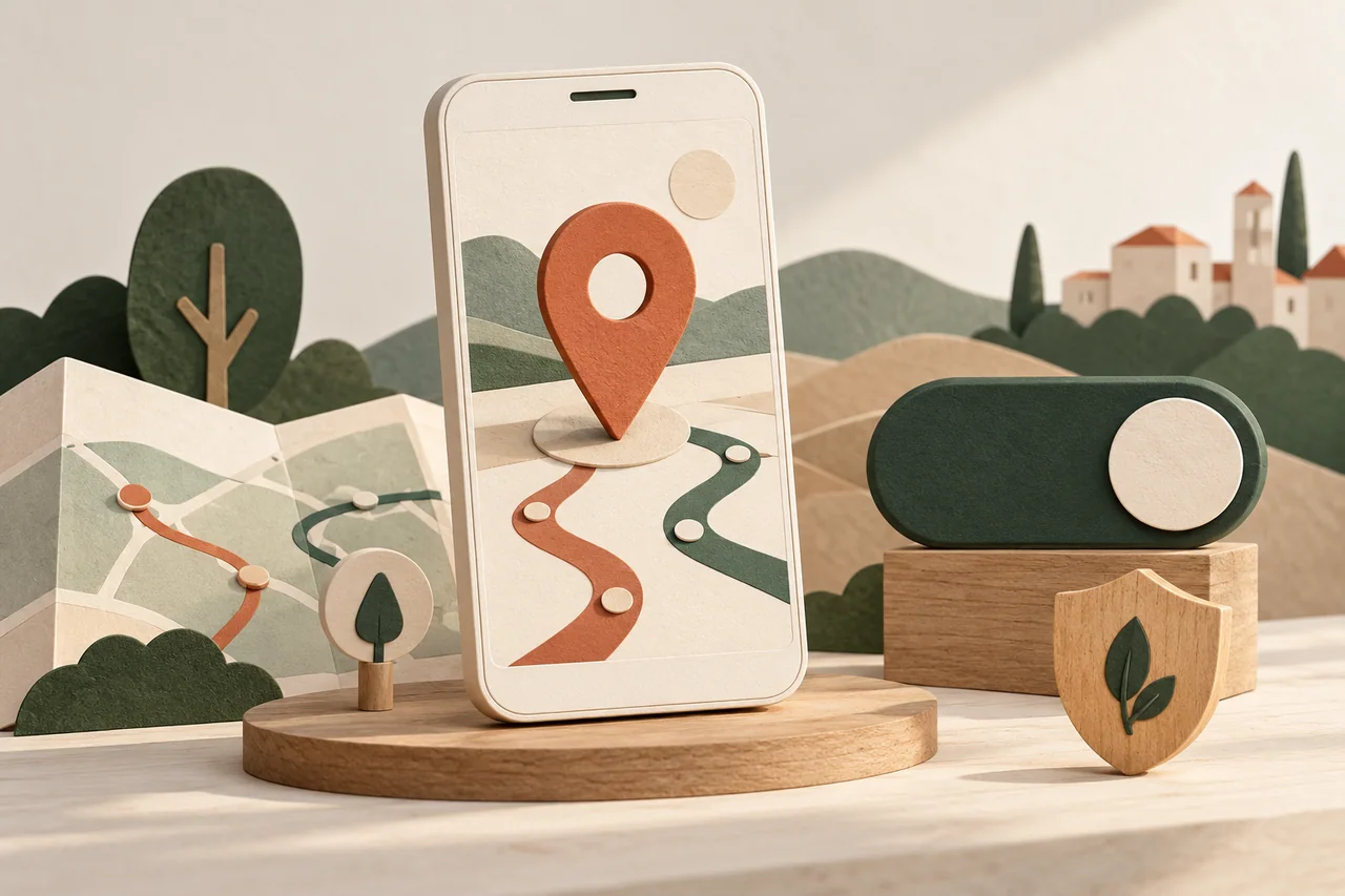 Phone with a location pin, abstract paths and a separate switch.
