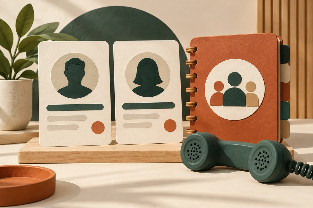 Two profile cards, a contact notebook and telephone receiver in a paper still-life.