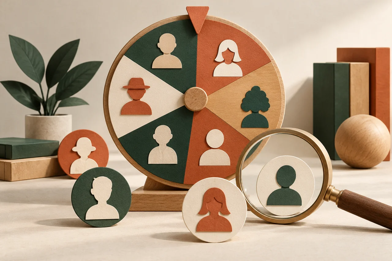 Quiz wheel with different profile symbols and a magnifying glass.
