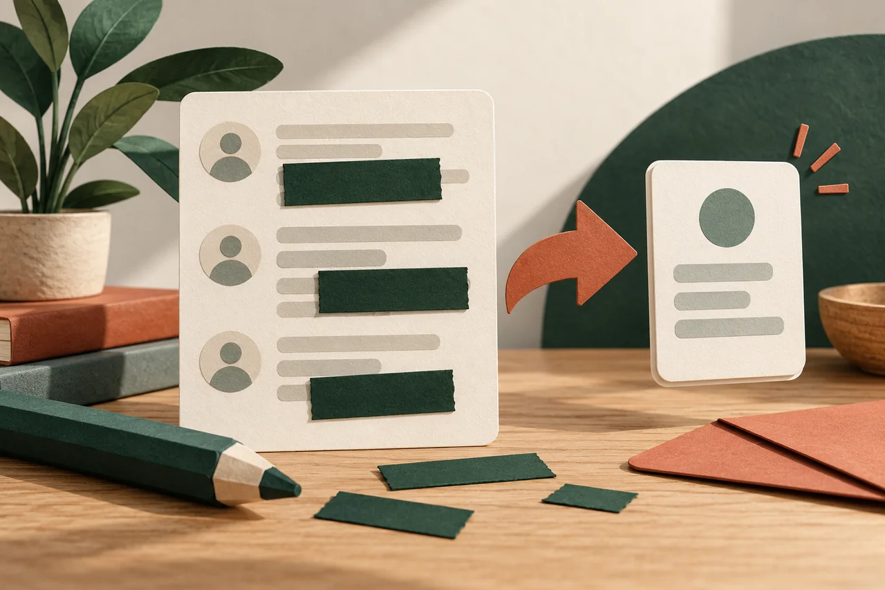 Message card with covered rows and an arrow to a shared card.