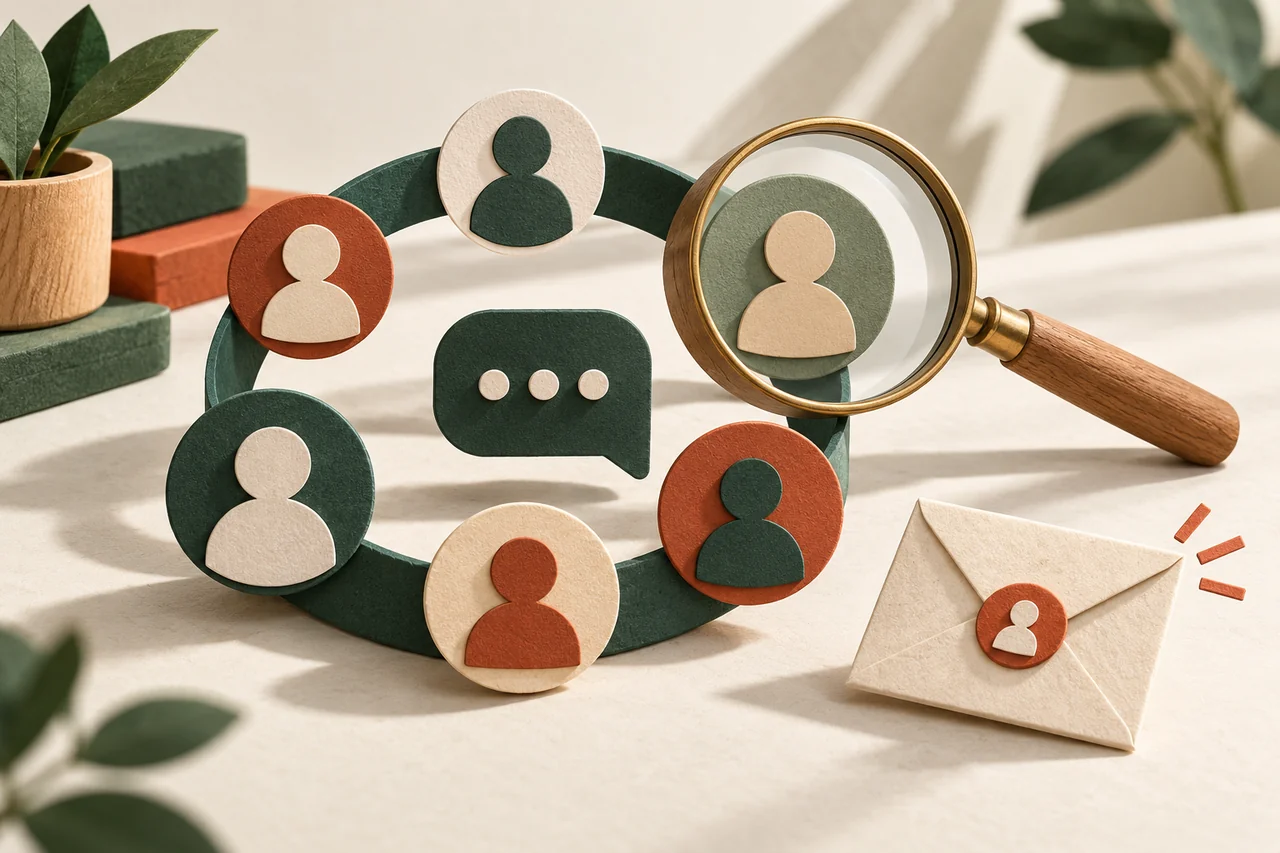 Circle of profile symbols around a speech bubble beside an invitation and magnifying glass.