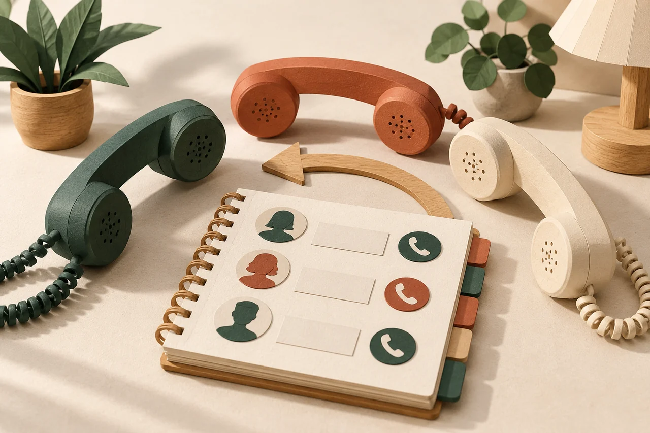 Three telephone receivers around a contact notebook with a callback arrow.