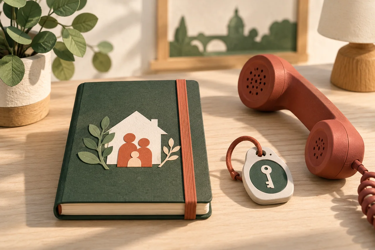 Closed family notebook beside a key symbol and telephone receiver.