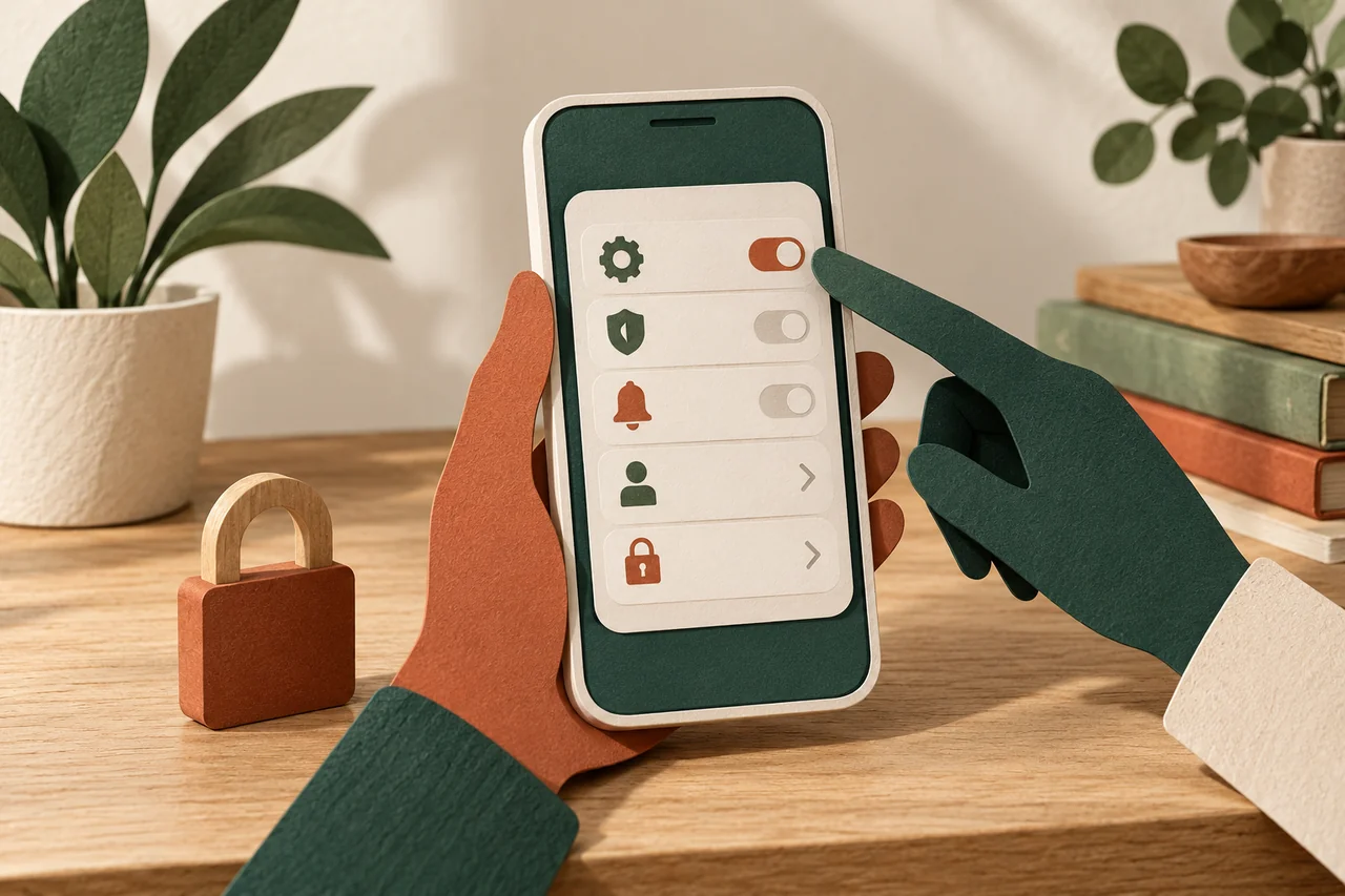 Two paper hands at a phone with settings, with a lock beside it.