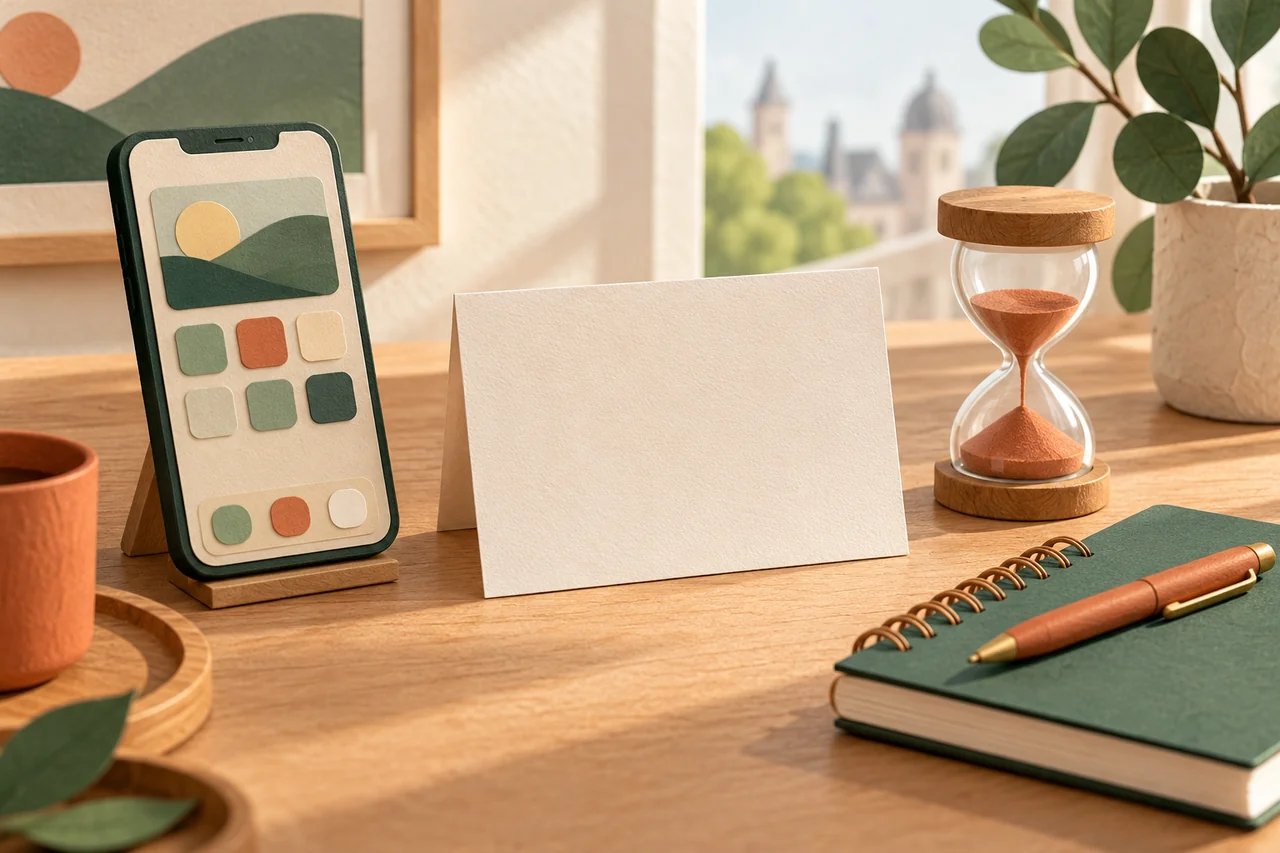 Blank task card beside a smartphone, hourglass and notebook.