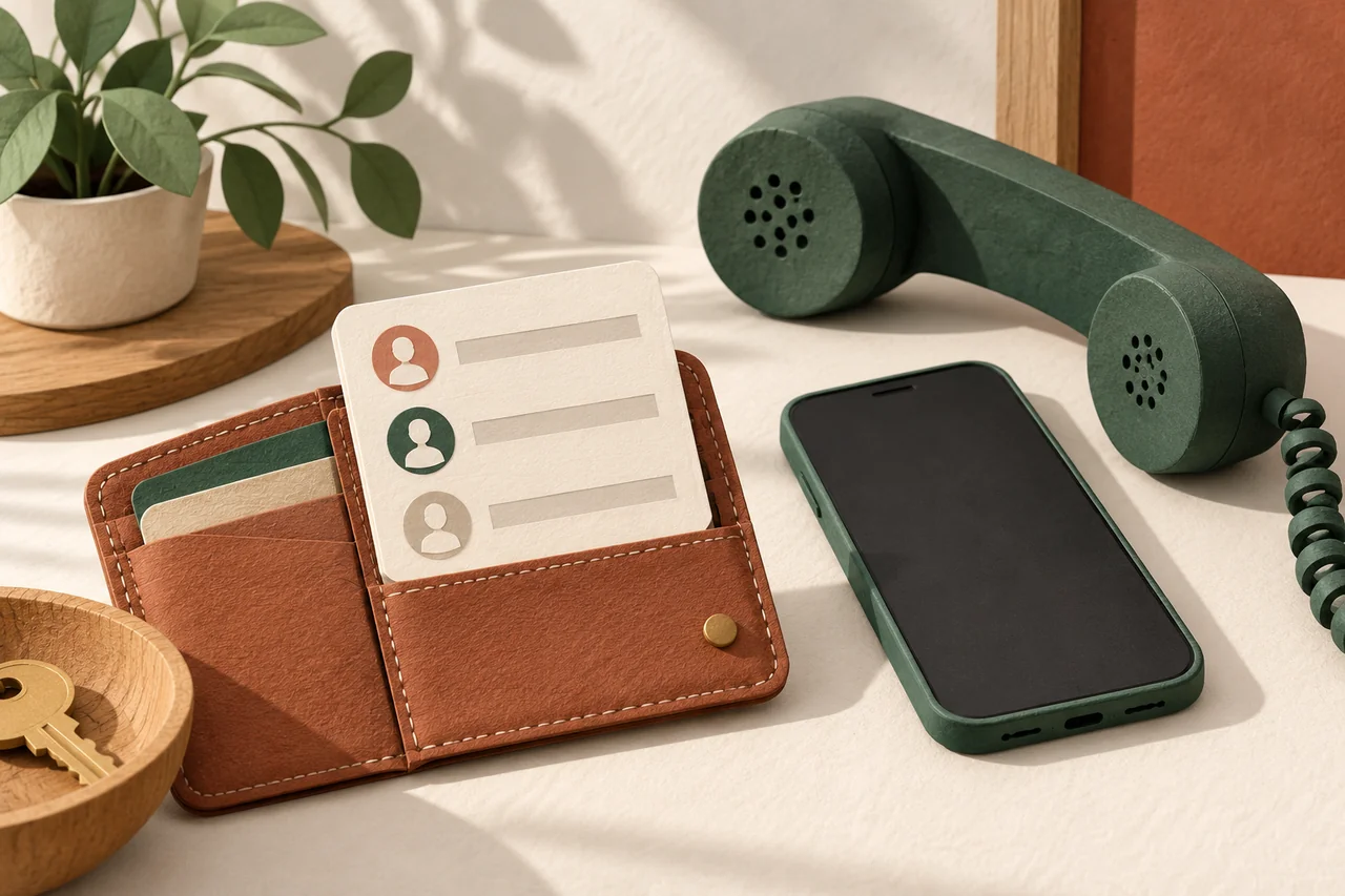 Paper contact card in a wallet beside a switched-off phone and telephone receiver.