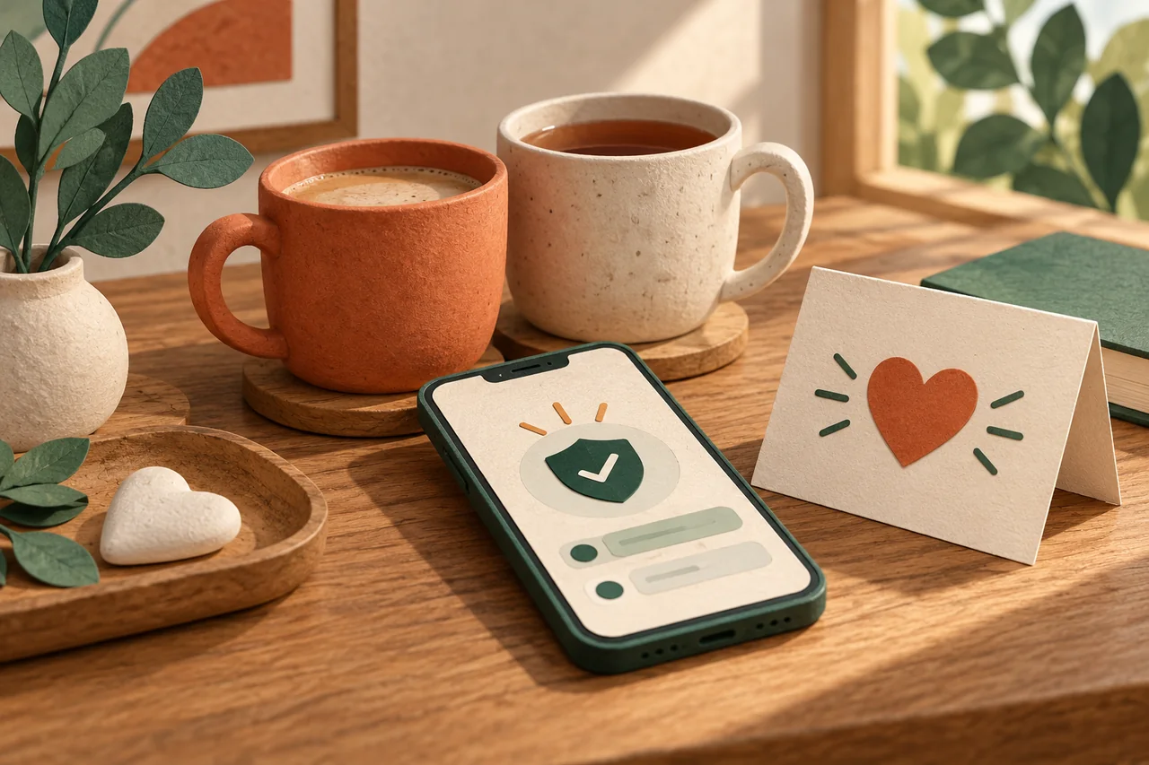 Two warm drinks beside a smartphone and a card with a heart symbol.