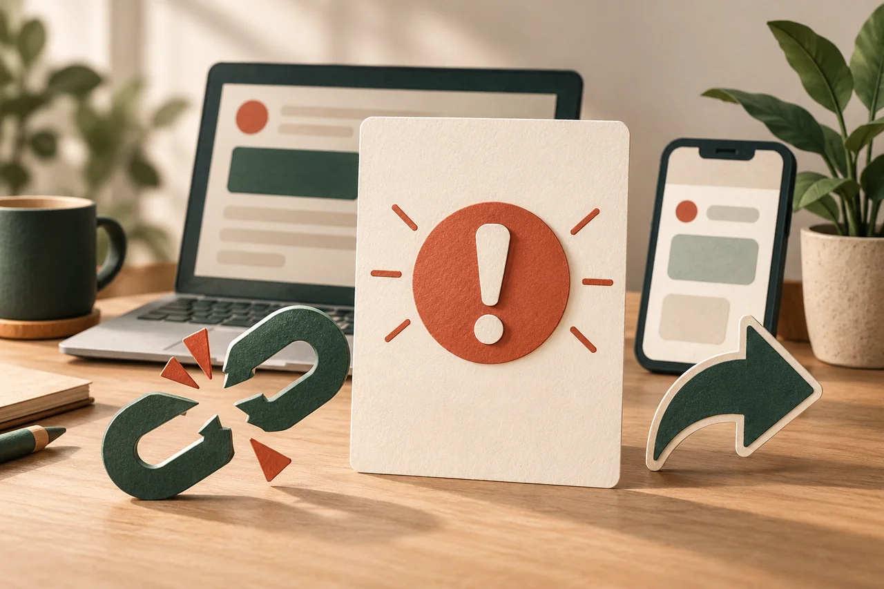 Warning card between a broken chain and a share arrow.