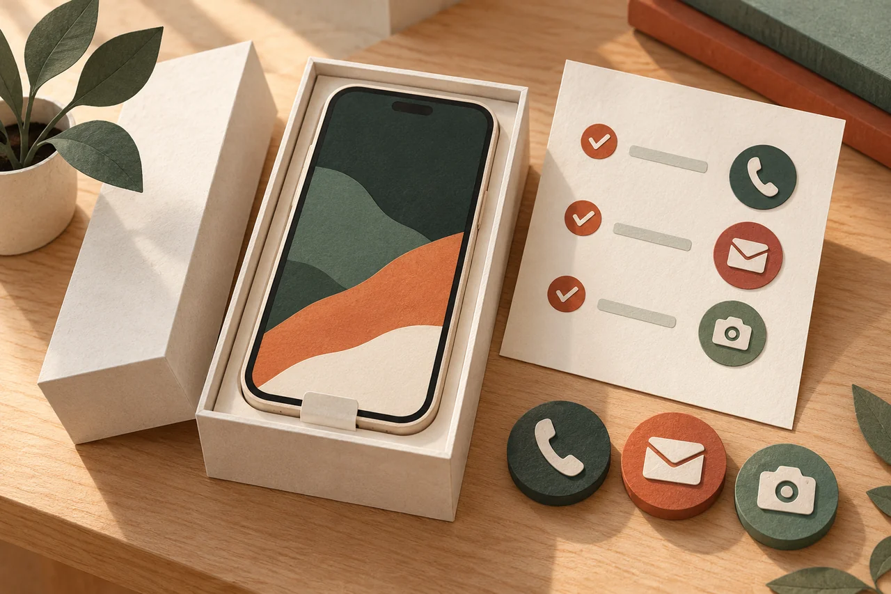 New phone in its box beside a checklist and call, message and camera symbols.