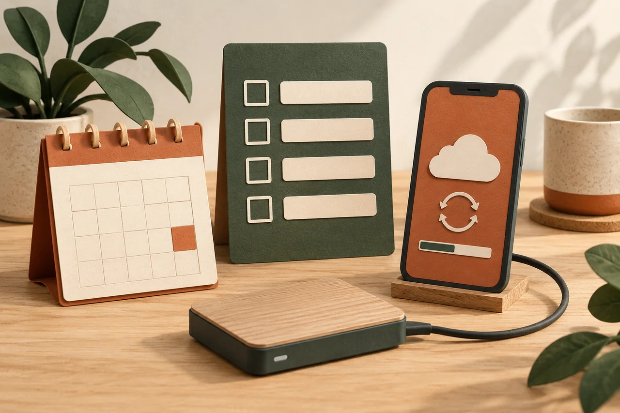 Calendar and four-task list beside a smartphone and backup drive.