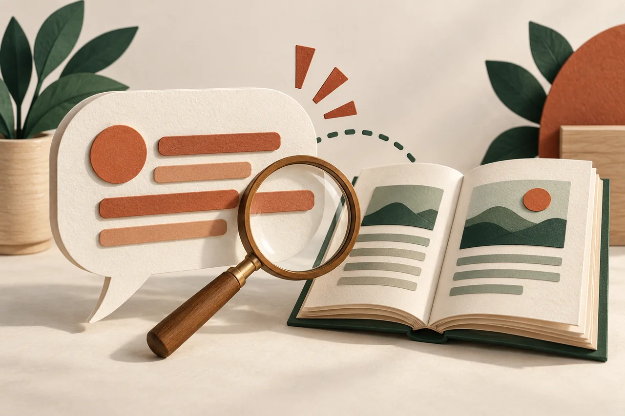 Speech bubble beside an open book and a magnifying glass.