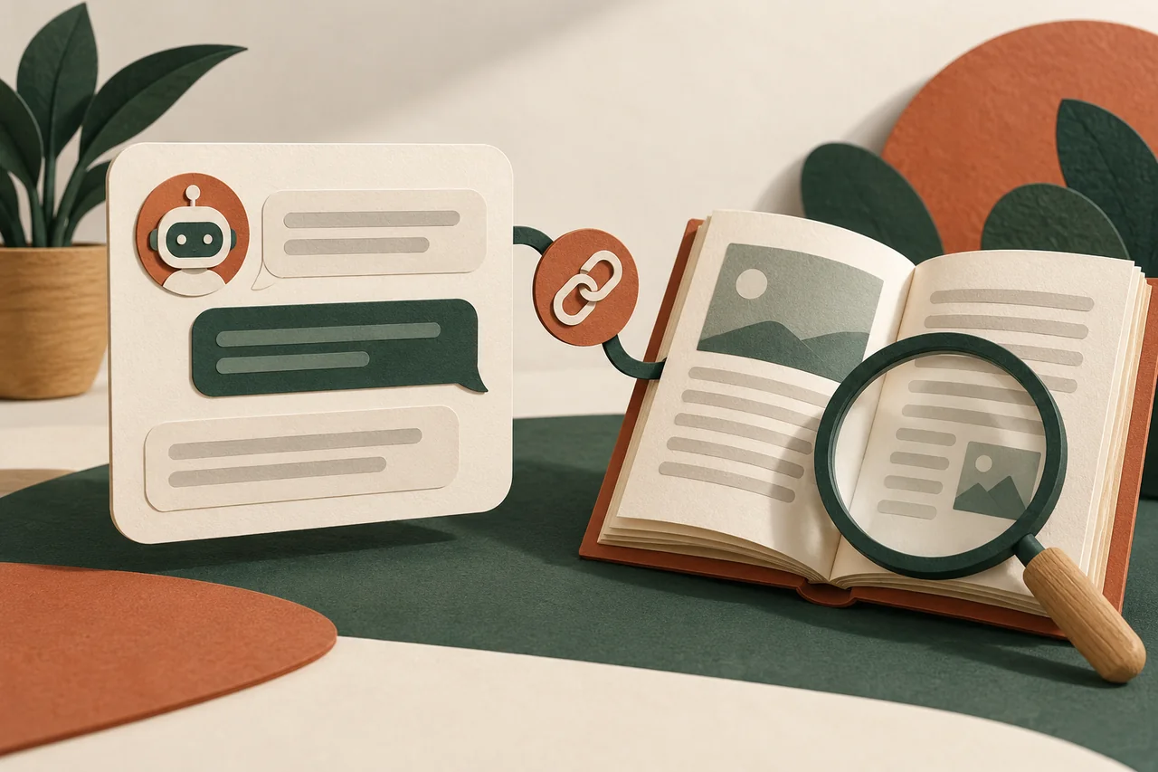 Chatbot card linked to an open reference book under a magnifying glass.
