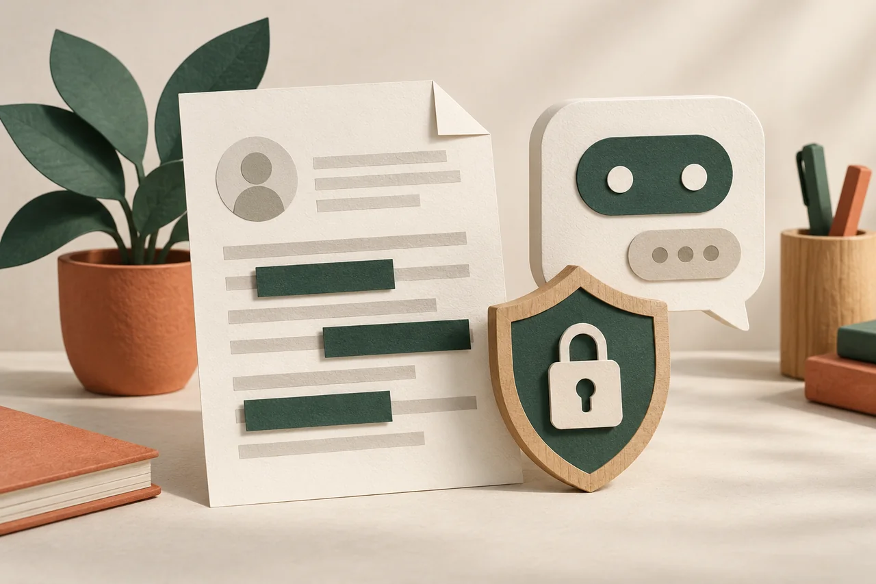 Document with covered rows beside a chatbot speech bubble and lock symbol.