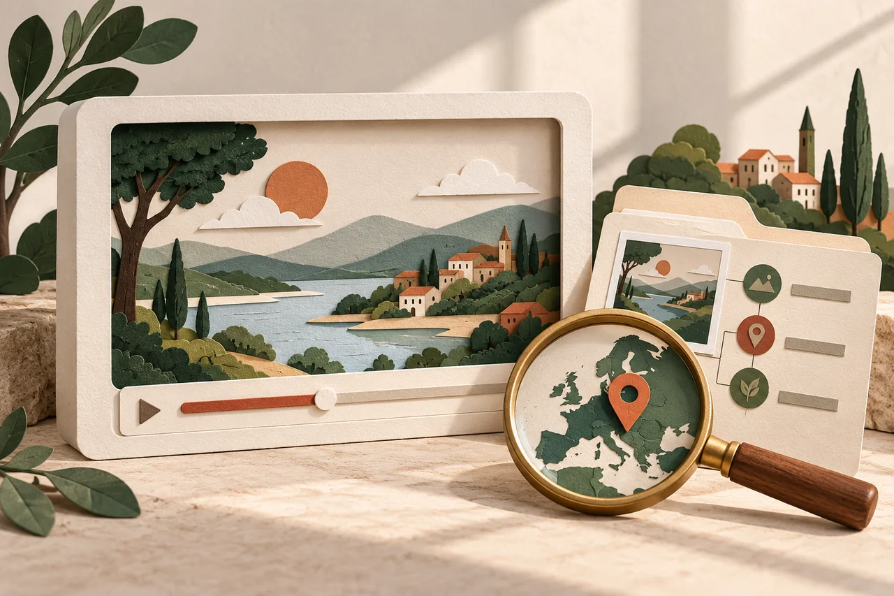Landscape video frame beside a source folder and a magnifying glass with a location pin.
