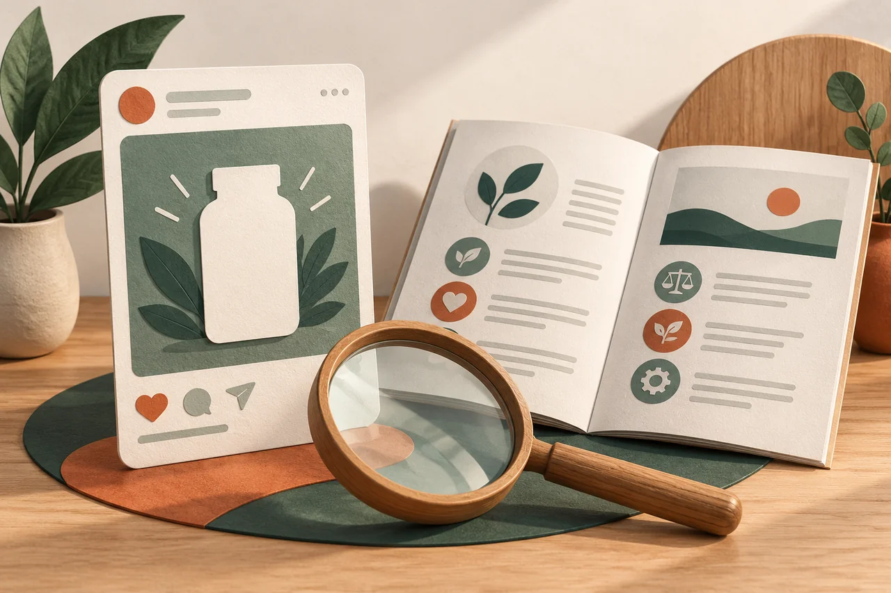 Unbranded product advert beside an information booklet and magnifying glass.