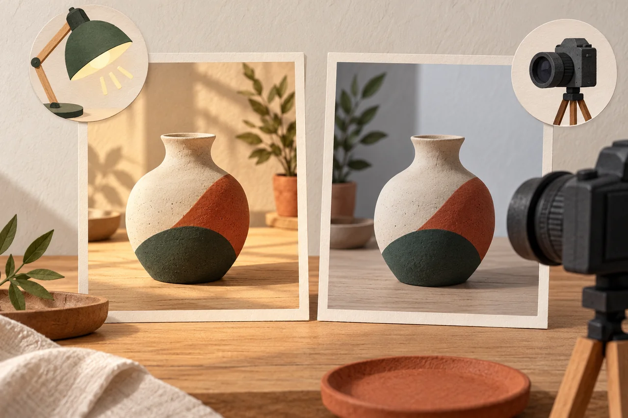 The same vase in two differently lit pictures with camera and lamp symbols.