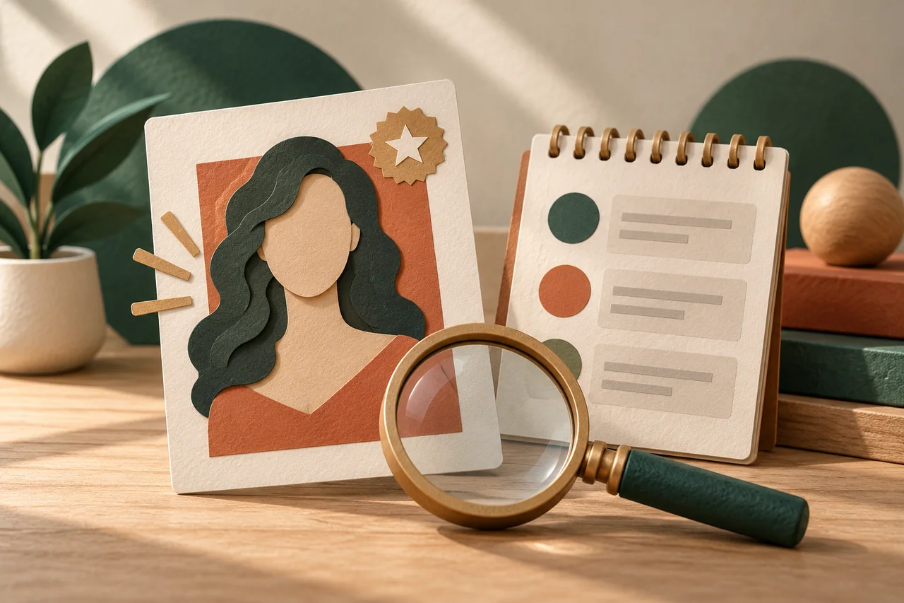 Generic portrait card beside a source notebook and magnifying glass.