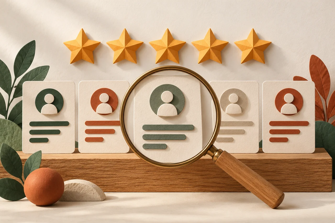 Five stars above review cards, with one card under a magnifying glass.