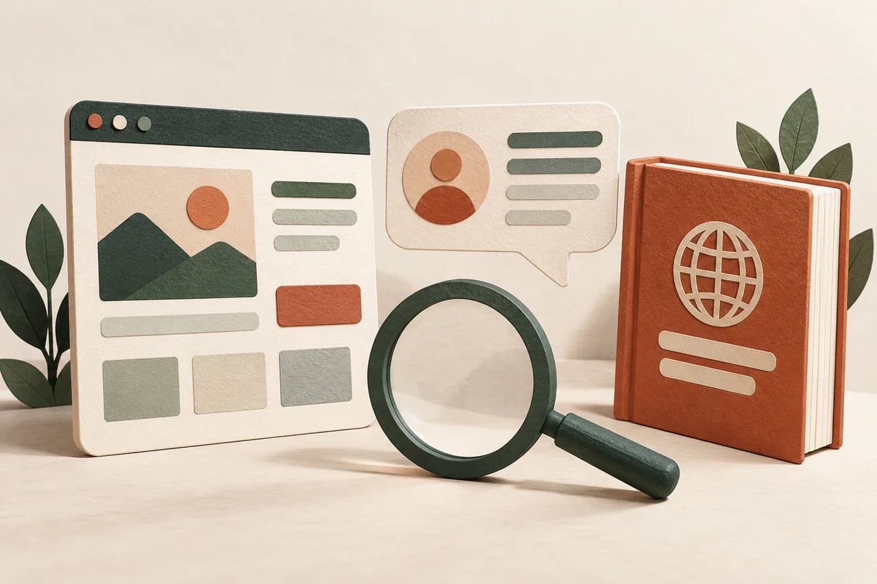 Webpage card, personal speech bubble and reference book beside a magnifying glass.