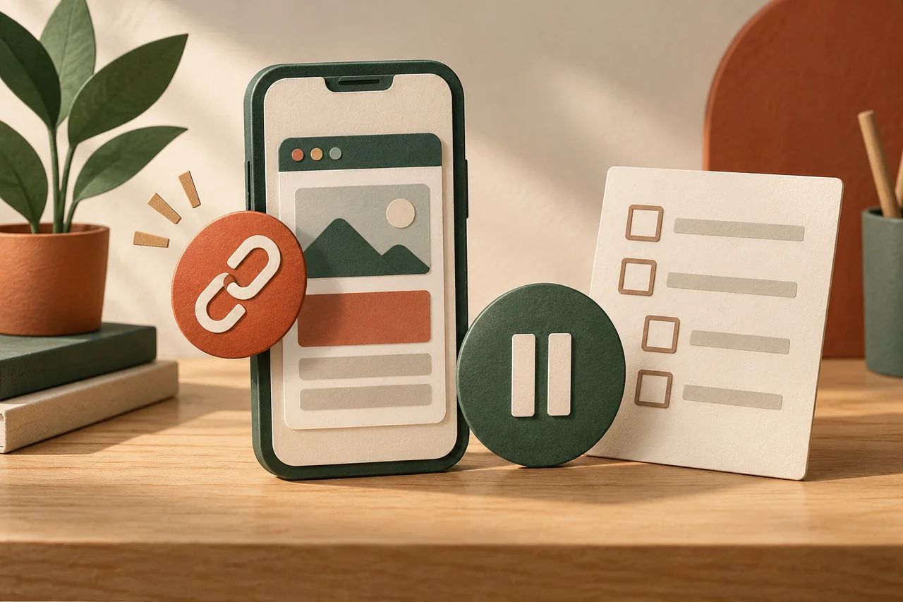 Smartphone with a link symbol beside a pause sign and checklist.