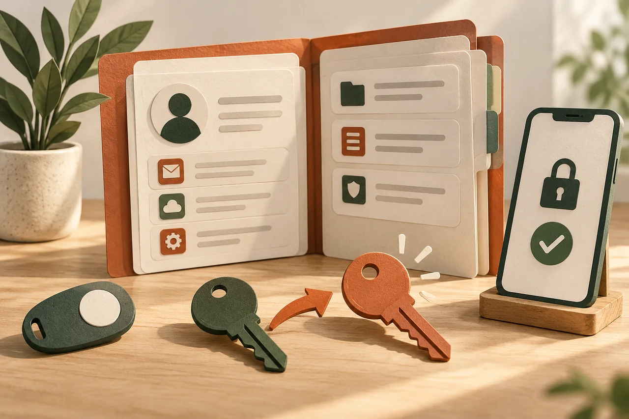 Account folder with two keys, a security key and a smartphone with a lock symbol.