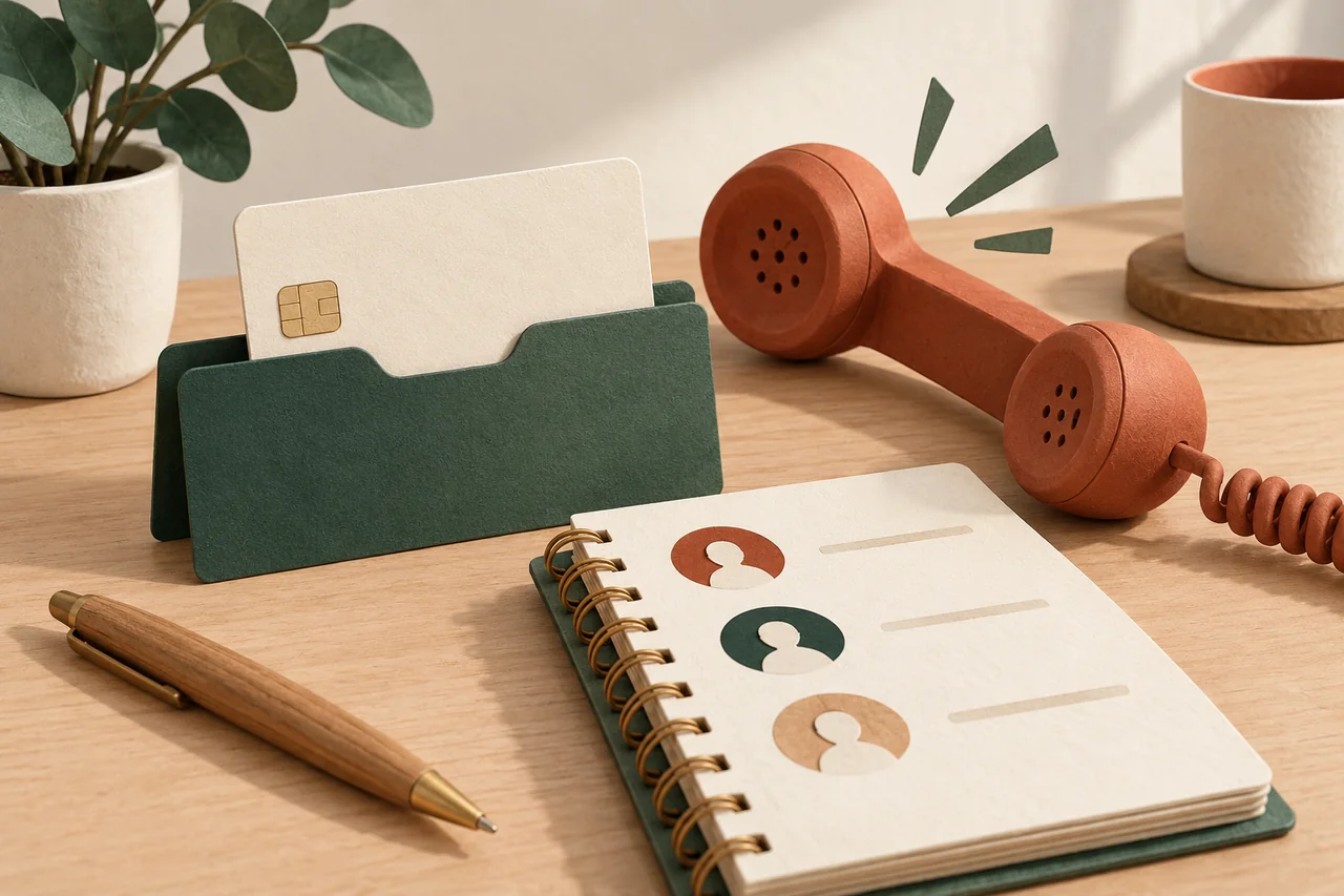 Unlabelled payment card in a folder beside a telephone handset and contact book.