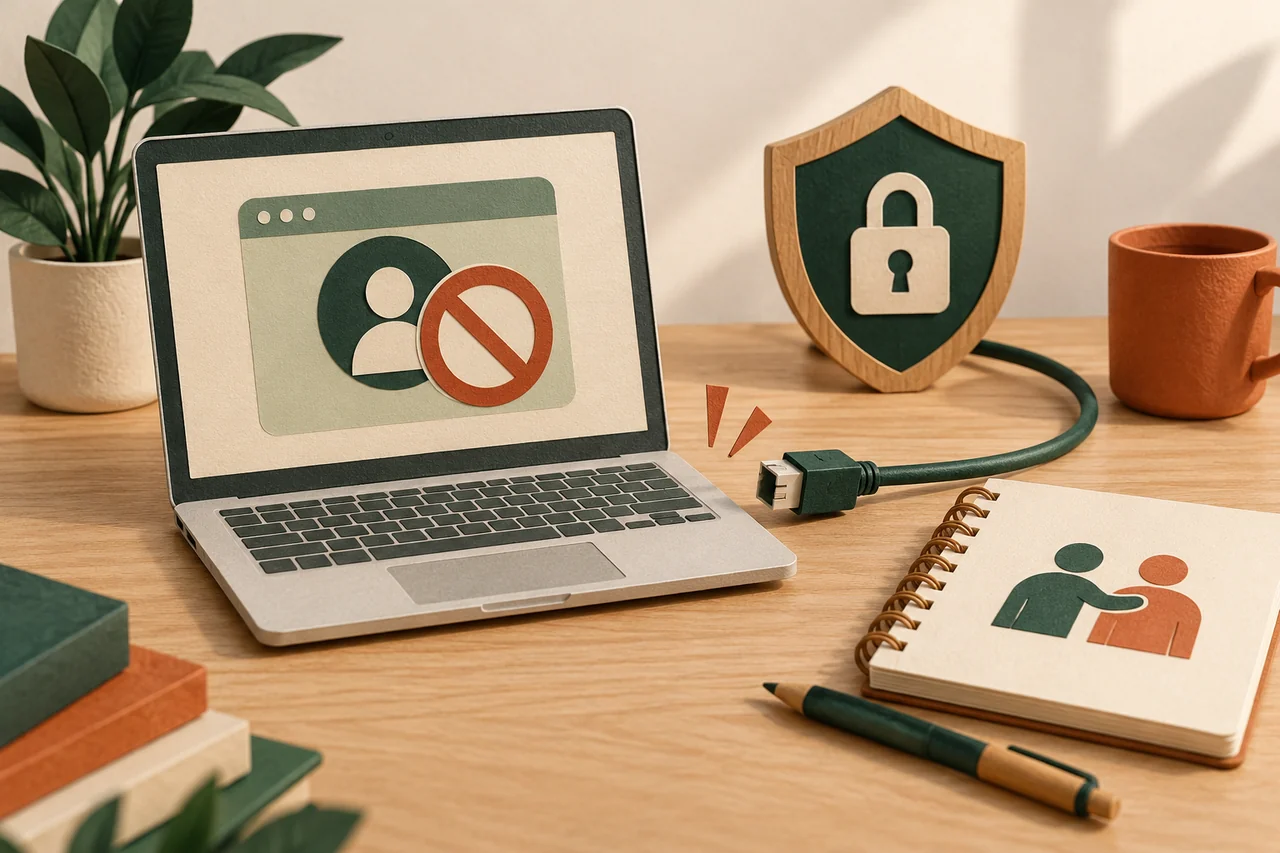 Laptop with a blocked-access symbol beside an unplugged cable, shield and help notebook.