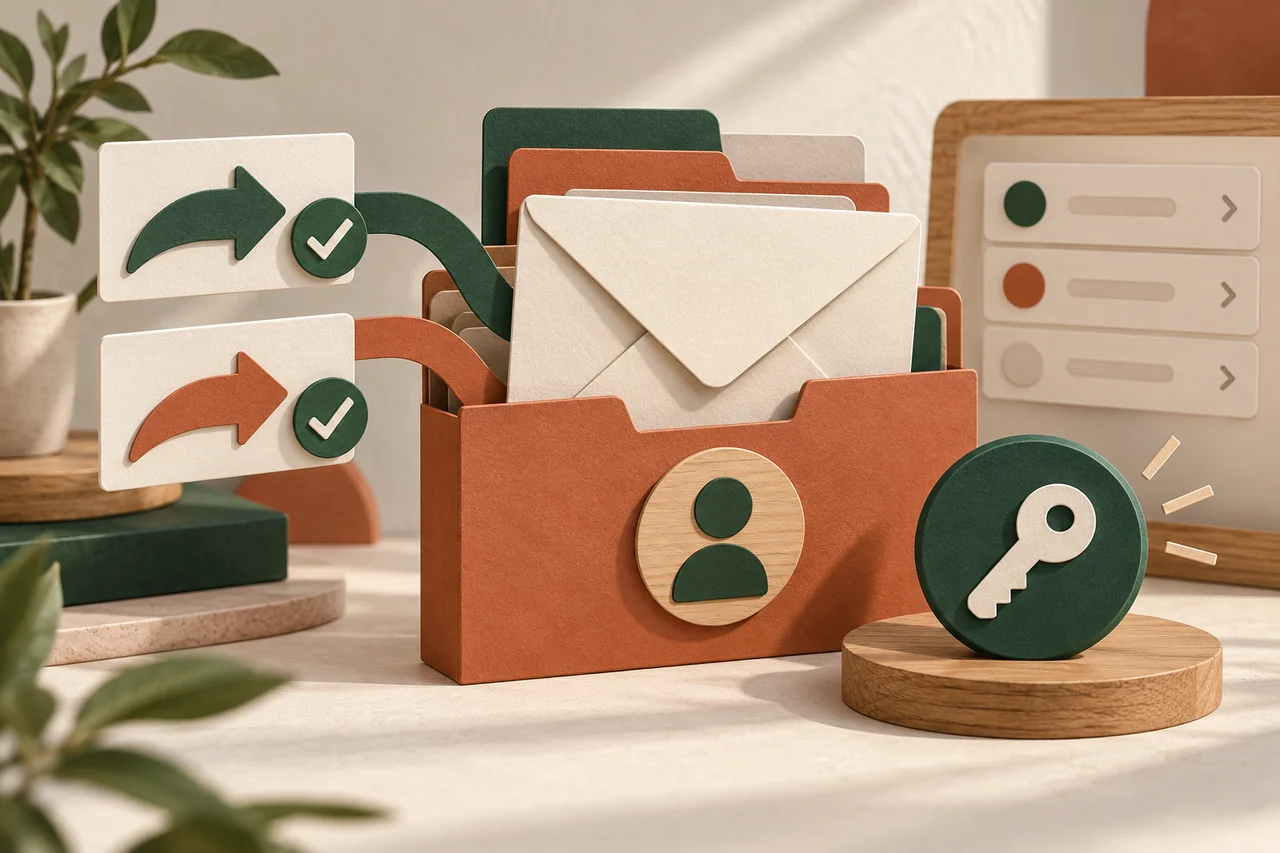 Email folder with an envelope, two forwarding arrows and a key symbol.