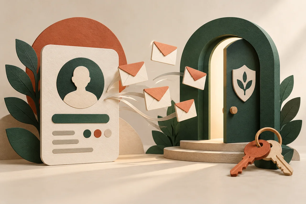 Profile card with outgoing envelopes beside a doorway and a set of keys.