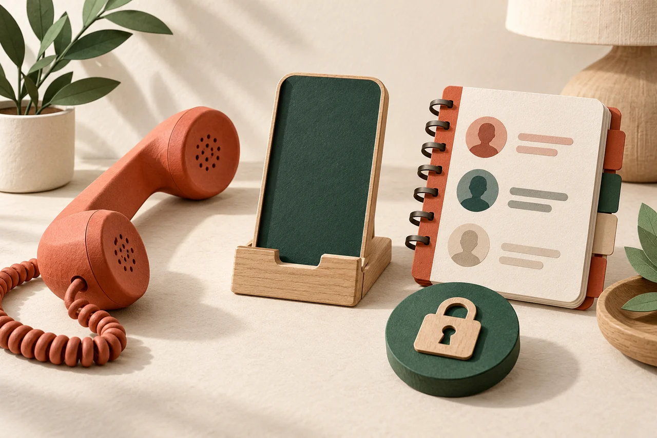 Telephone handset, smartphone with a blank screen, contact book and lock symbol.