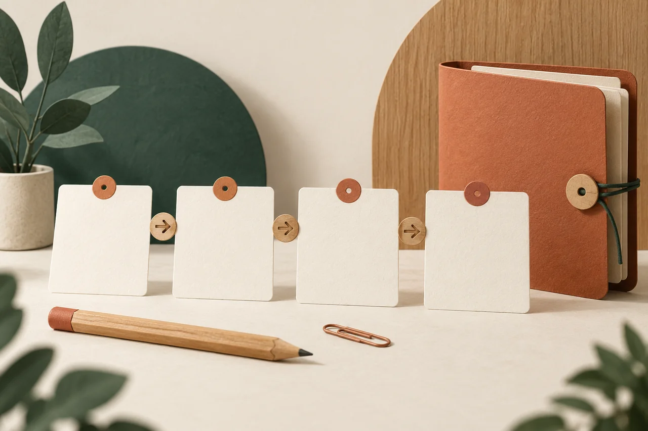 Four blank event cards linked by arrows beside a closed folder and pencil.