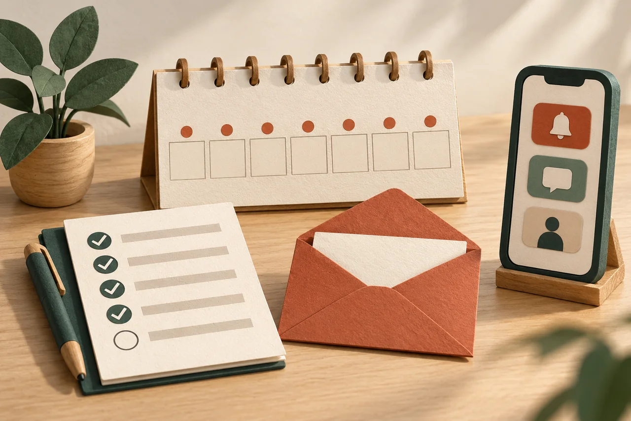 Weekly calendar beside a checklist, envelope and smartphone.
