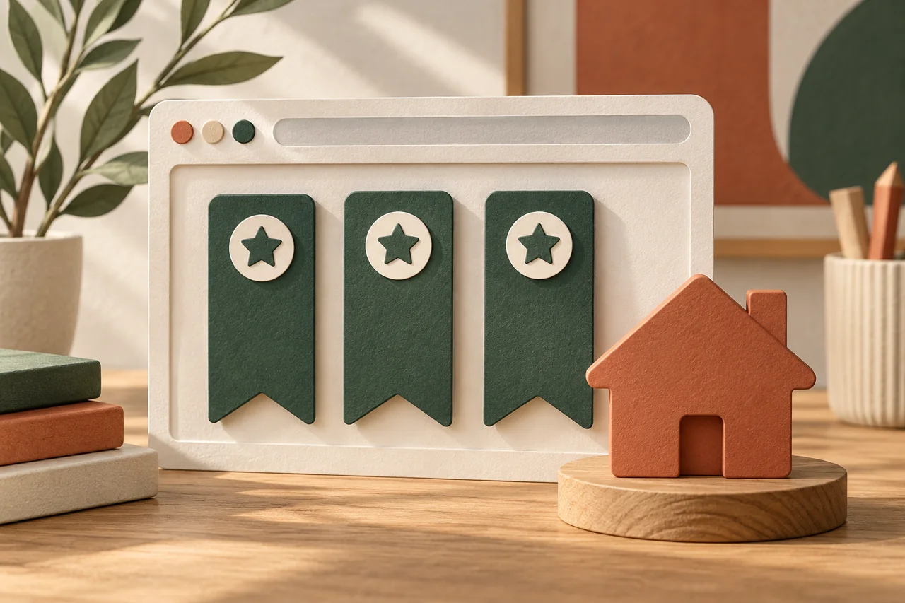 Three starred bookmarks in a browser frame beside a house symbol.