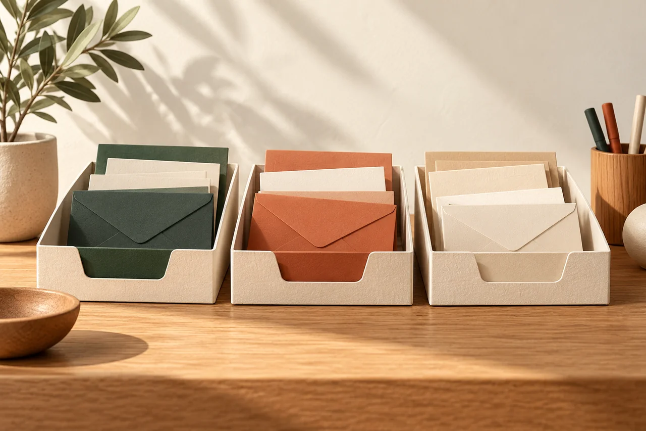 Three organised letter trays with green, terracotta and pale envelopes.