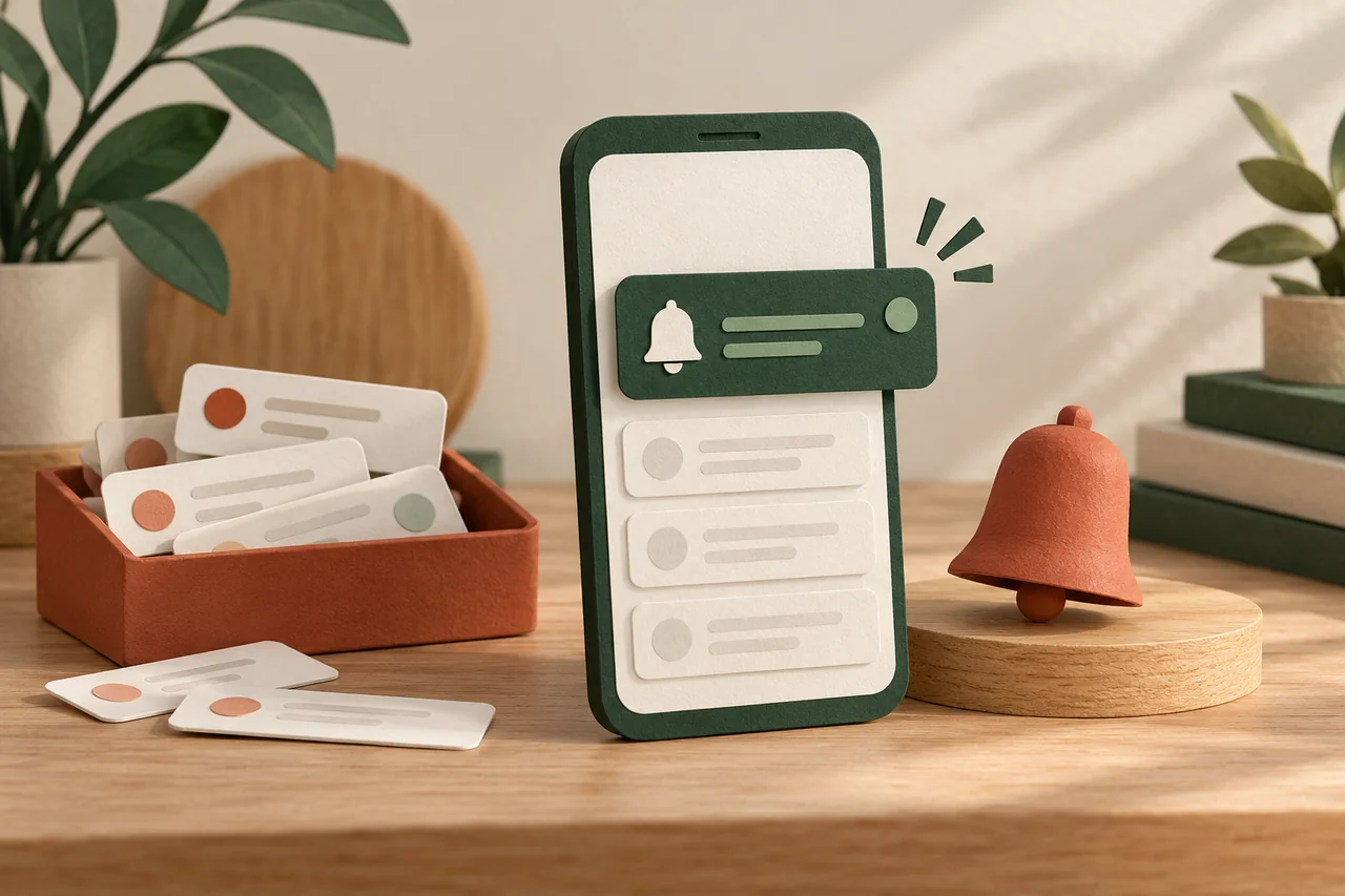 Smartphone with one highlighted notification beside a bell and sorted-out message cards.