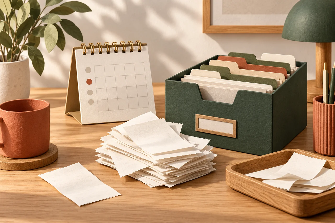 Stack of blank receipts beside a calendar and an organised archive box.